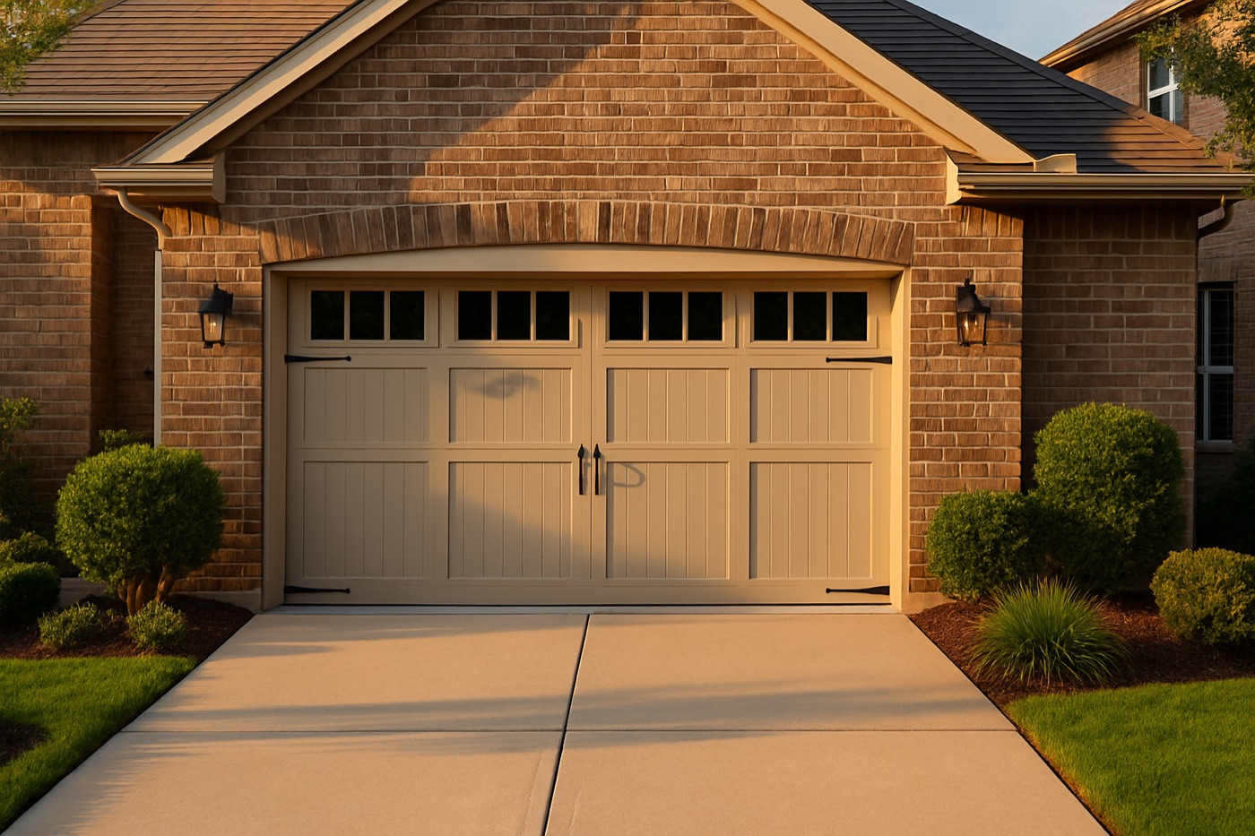 New carriage-style garage door with windows on a brick home in Taylor, Texas