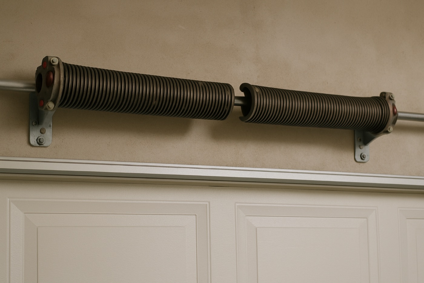 Broken garage door torsion spring showing the gap in the coil above a residential door